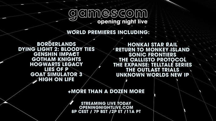 A list showing some of the games that will be featured in Gamescom Opening Night Live 2022.