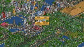 A screenshot of Open Transport Tycoon Deluxe, showing a city made of old sprite art, with train lines weaving between the buildings and across green fields.