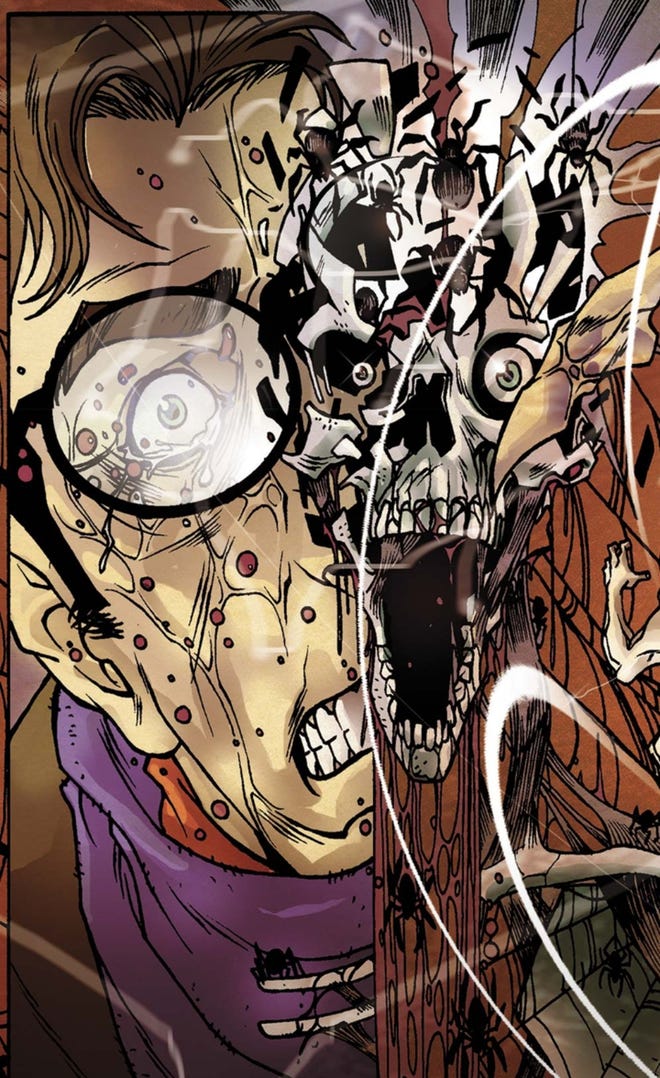 Intior comics featuring an image of Peter Parker and a shattering skull