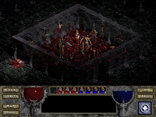 A room in a dungeon full of a load of skeletons in Diablo