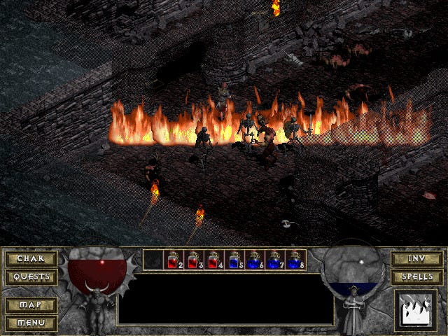 A dungeon full of monsters with a big line of fire going through it, from the first Diablo game