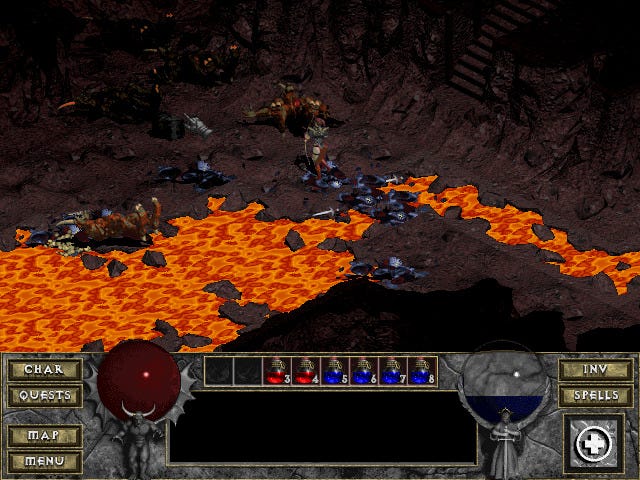 A dungeon bisected by a river of lava in Diablo