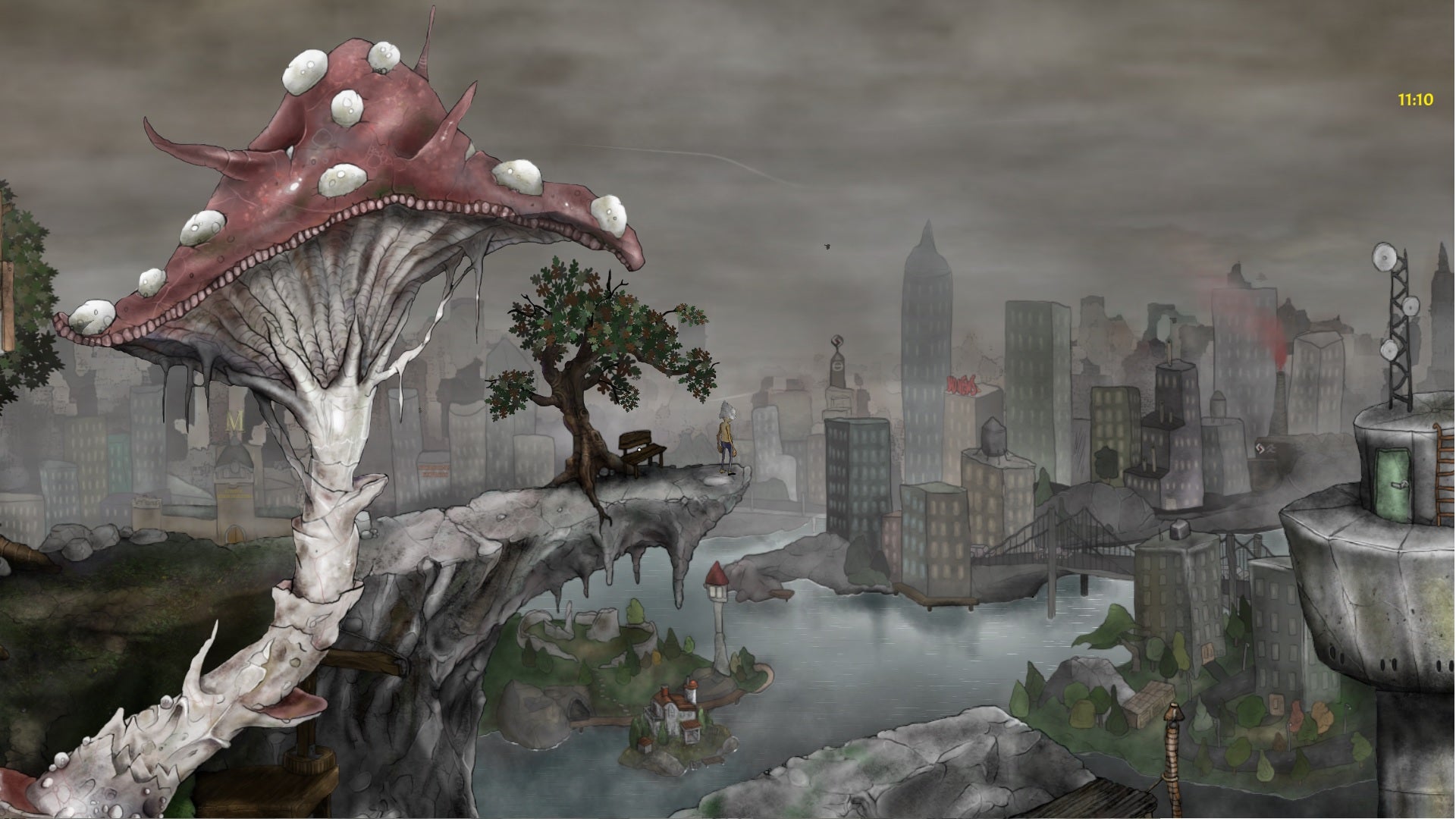 A man stands on top of a cliff staring at a large cityscape in Orten Was The Case