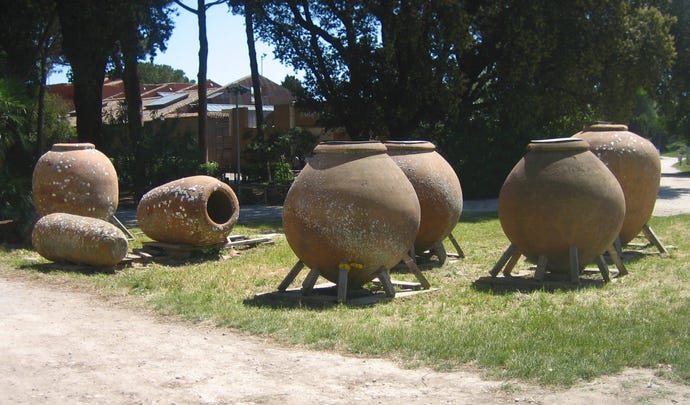 Photograph of Roman dolia pots in the excavation area of Ostia Antica in Italy, 2007