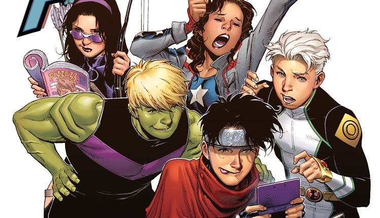 Jim Cheung variant cover featuring Speed, Kate Bishop, America Chavez, Hulkling, Wiccan
