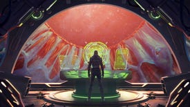 A human stands inside the colourful control room of a space ship in Out There: Oceans Of Time