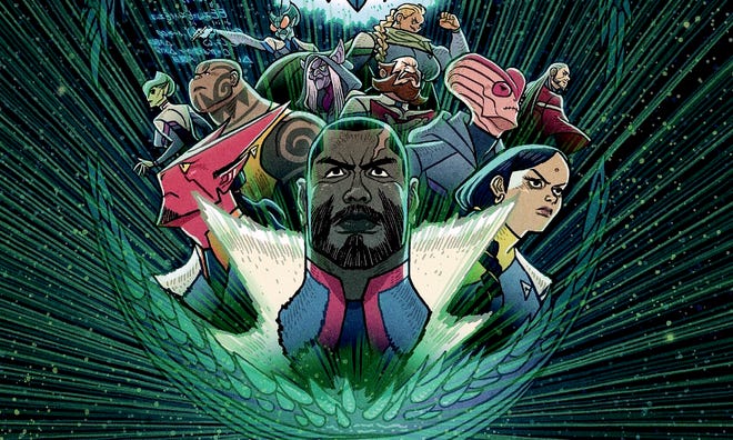 Illustration of a cast of characters against a black and green background