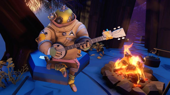 Riebeck, da Outer Wilds, tocando seu banjo pelo fogo