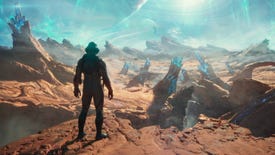 A person in a spacesuit looks over an alien desert dotted with blue crystal spires in The Outer Worlds 2's announcement trailer.