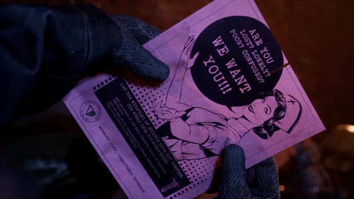 The Outlast Trails review screenshot, showing a homeless person clutching a flyer that invites them to participate in "science" that will give life "purpose"