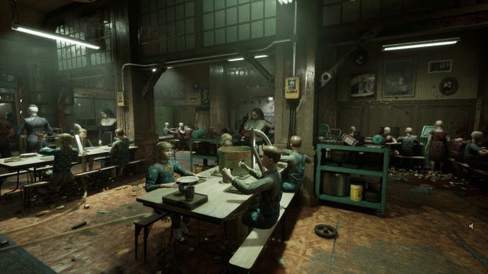 Screenshot from an Outlast Trails review showing mannequin kids sitting in the cafeteria with empty plates. Empty jars lay on the table, with ominous pipes hanging above them, as if waiting to dispense some sort of soup or porridge.Model nuns in various states of dressing and undressing stand around the room