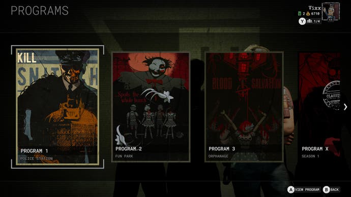 Screenshot from the Outlast Trails review showing the three programs available - POLICE STATION, FUN PARK, ORPHANAGE and PROGRAM X labeled SEASON 1