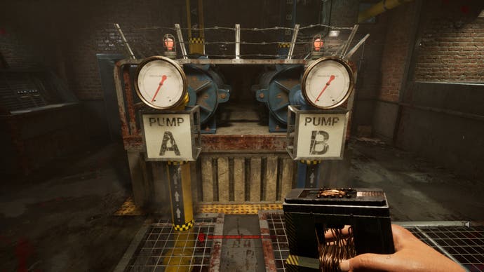 The Outlast Trails review screenshot, showing two pipes side by side, one reading A and the other B. Both have gauges that sit at 0
