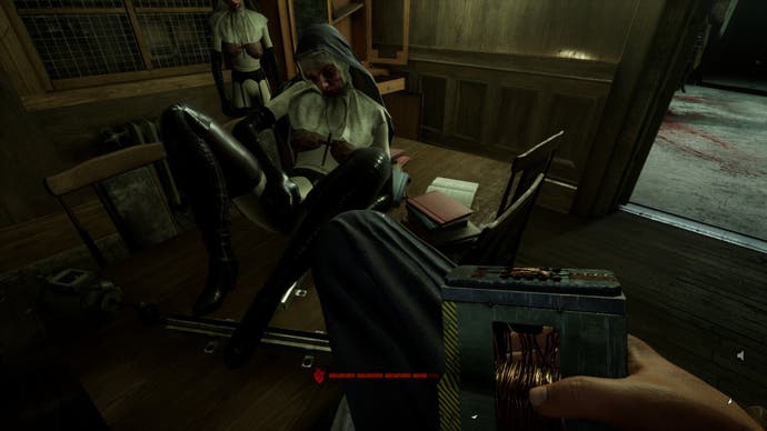 Screenshot from Outlast Trails review showing two nun models in compromising positions
