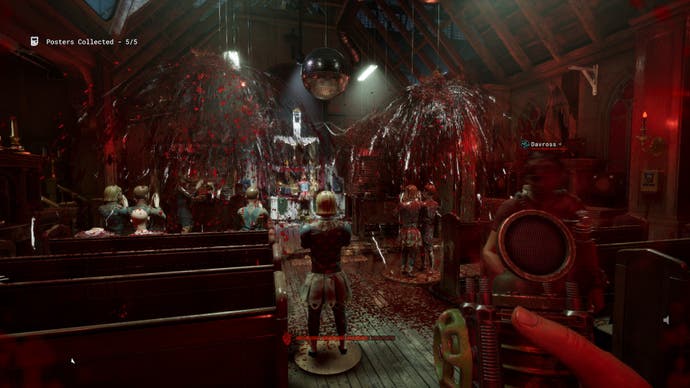 Screenshot from Outlast Trails review showing a chapel full of smiling mannequins dancing wobbly as on-screen jets spray blood around the room