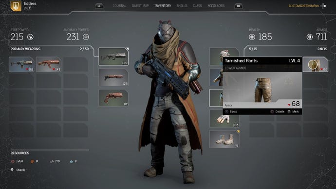 A screenshot of Outriders which shows me looking at my new Tarnished Pants.