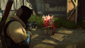 An Outriders screenshot of the player aiming with a shotgun at a Perforo at close range.