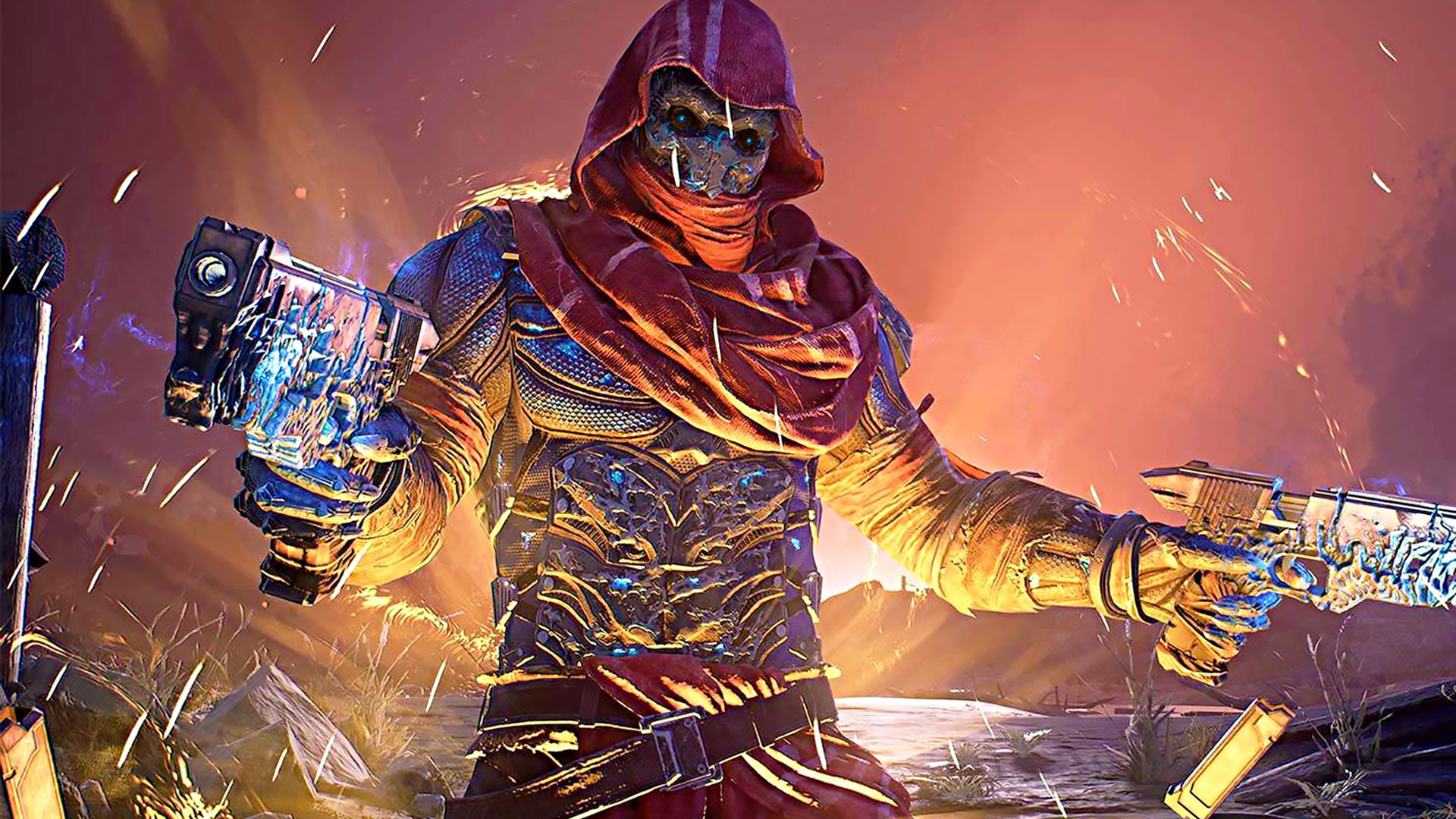 A glowing, hooded character from the Outriders video game holding two pistols in their hands.