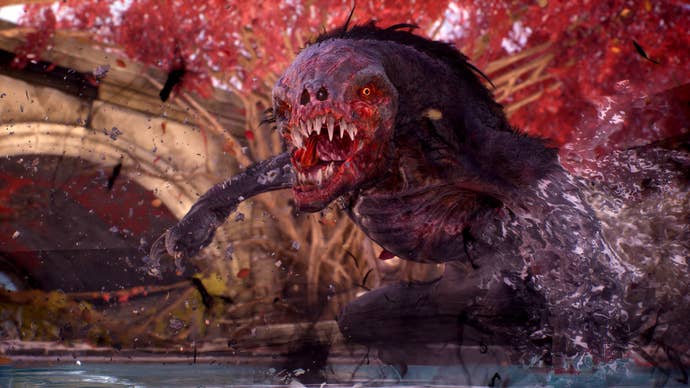 A giant alien beast attacks the player in the Outriders Worldslayer DLC.