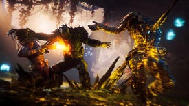 Promotional Outriders art showcasing a character grappling with and shooting an enemy while another enemy in the foreground is impaled by an Anomaly Power.