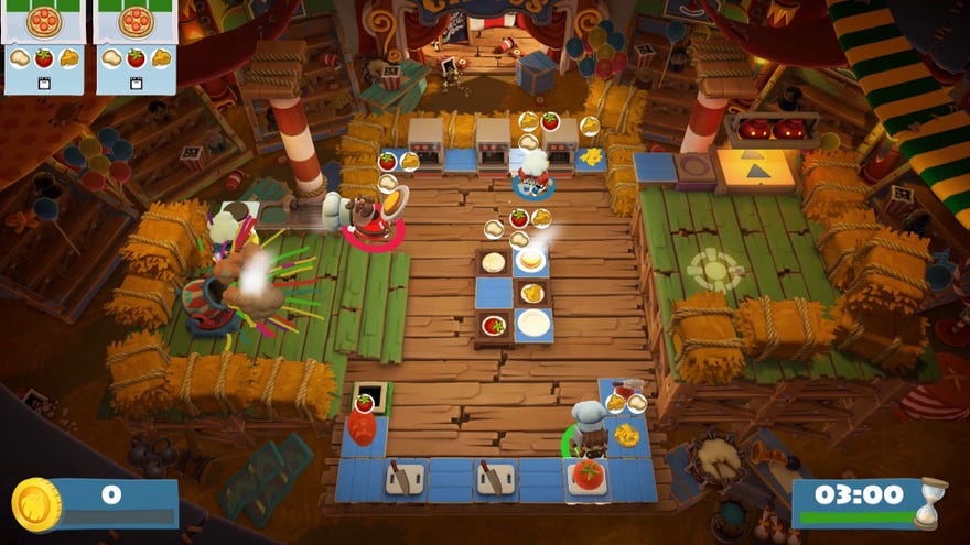 Four players attempt to prepare food in a barn-themed kitchen in Overcooked 2