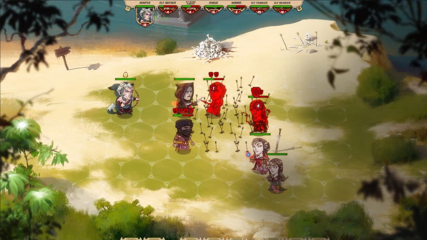 A screenshot of strategy-RPG Overfall, showing grid-based combat between various fighters on a 2D map.