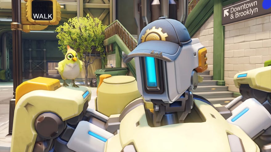 A close-up shot of Bastion, a hero in Overwatch 2, with its bird companion perched on its shoulder.