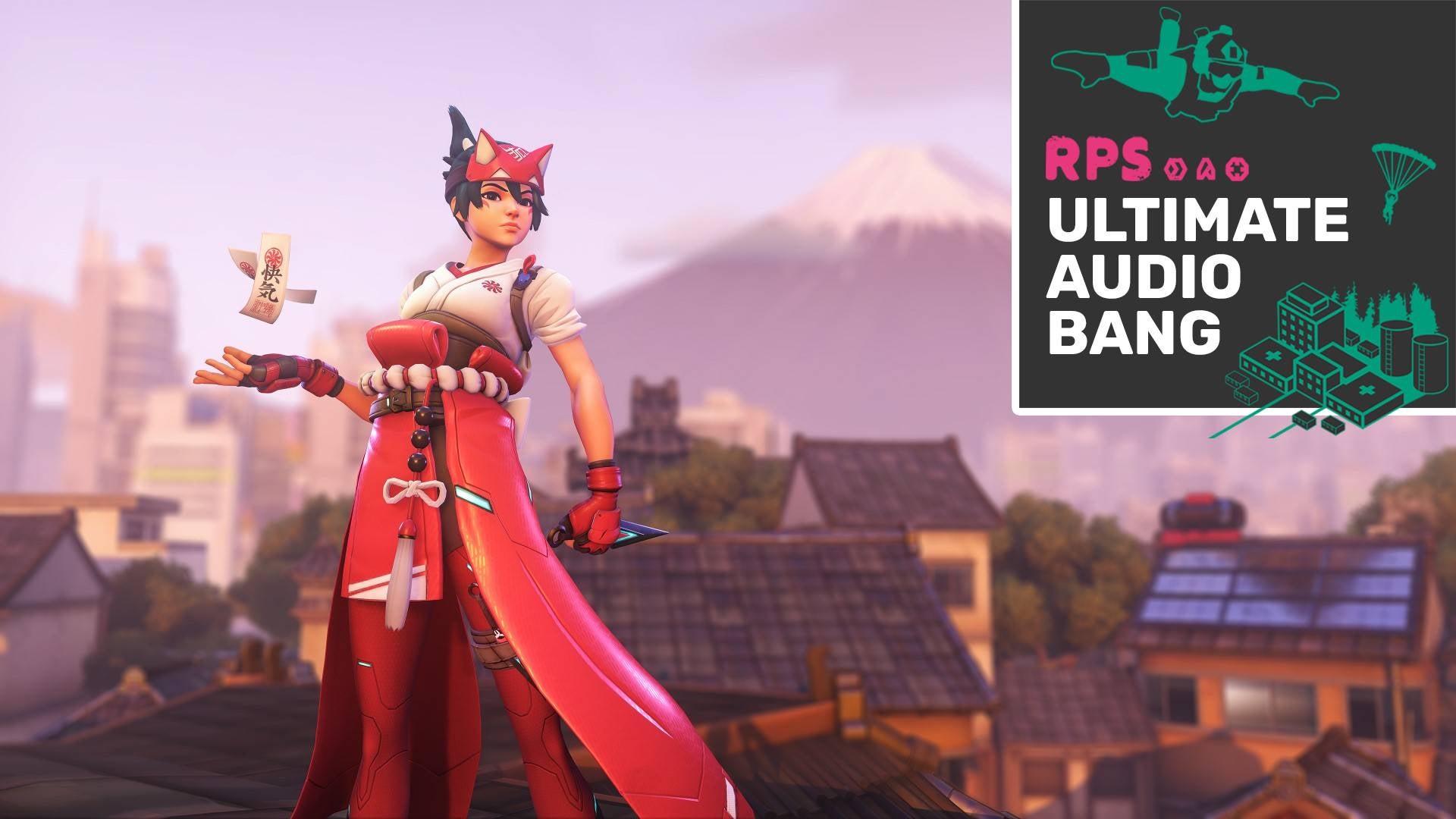 Overwatch 2's Kiriko brandishes her suzu atop a building in Kanezaka, with Mount Fuji in the distance.
