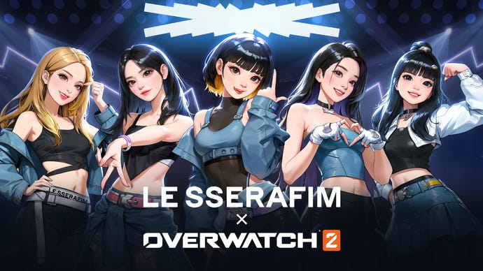 Ein Teaserbild für Le Sserafims Auftritt in Overwatch 2, das Cartoon-Versionen der fünf Mitglieder der K-Pop-Gruppe zeigt