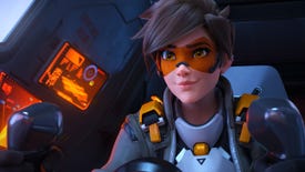 Tracer, a hero from Overwatch 2, looks past the camera while piloting a ship.