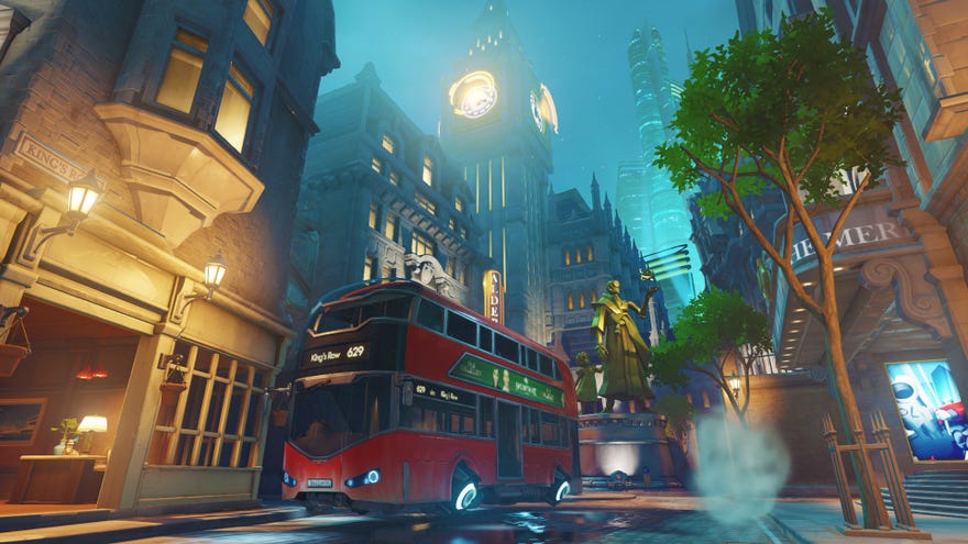A screenshot of the King's Row map from Overwatch - a red double decker bus in the foreground and Big Ben in the background