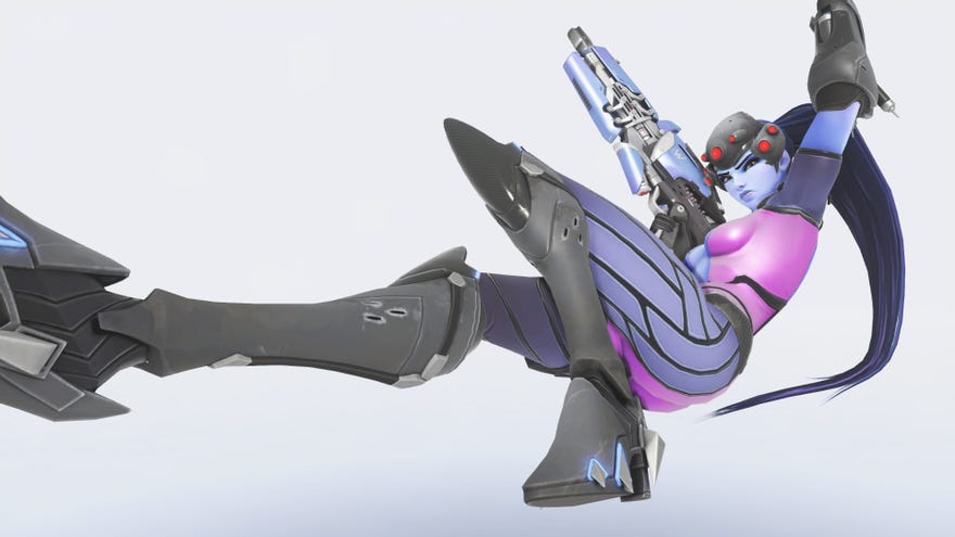 Widowmaker from Overwatch laying down in a white void