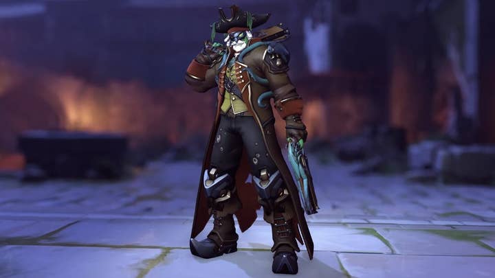 In Overwatch, a character wearing a pirate skin strikes a pose