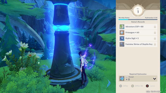 Menu of the fontaine statue of seven rewards gained at level two with the statue glowing blue to the left of the menu.