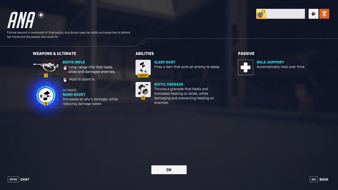 A screen from Overwatch 2 showcasing the abilities of the hero Ana.