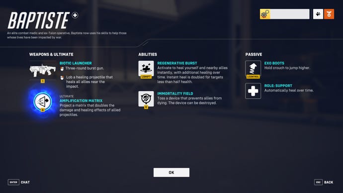 A screen from Overwatch 2 showcasing the abilities of the hero Baptiste.
