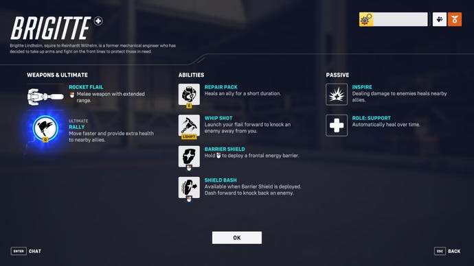 A screen from Overwatch 2 showcasing the abilities of the hero Brigitte.