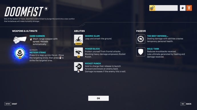 A screen from Overwatch 2 showcasing the abilities of the hero Doomfist.
