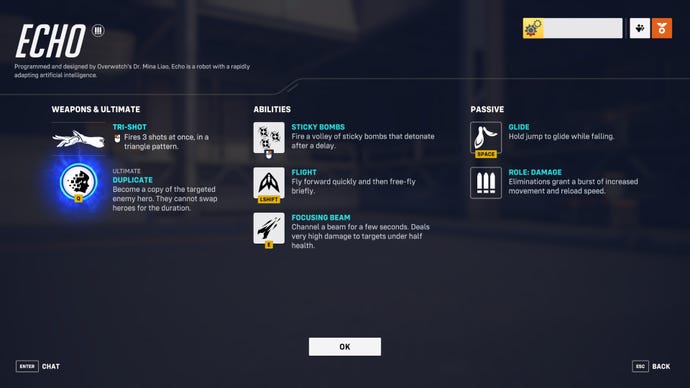 A screen from Overwatch 2 showcasing the abilities of the hero Echo.