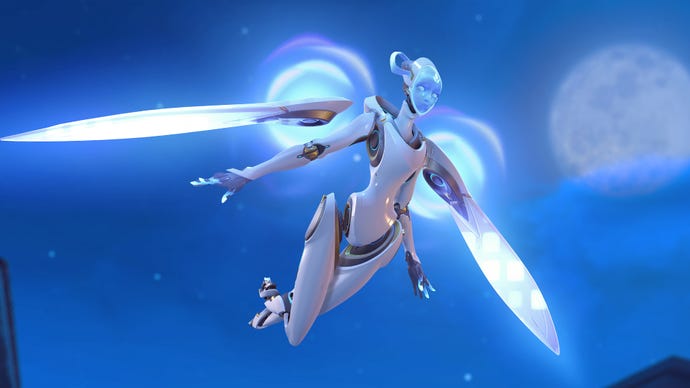 Echo, a hero in Overwatch 2, is seen soaring through the night sky.