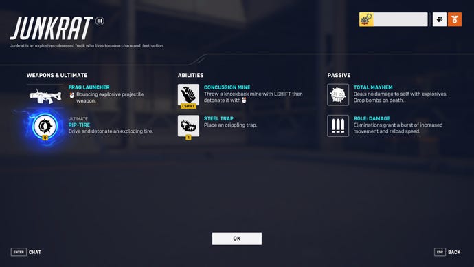 A screen from Overwatch 2 showcasing the abilities of the hero Junkrat.