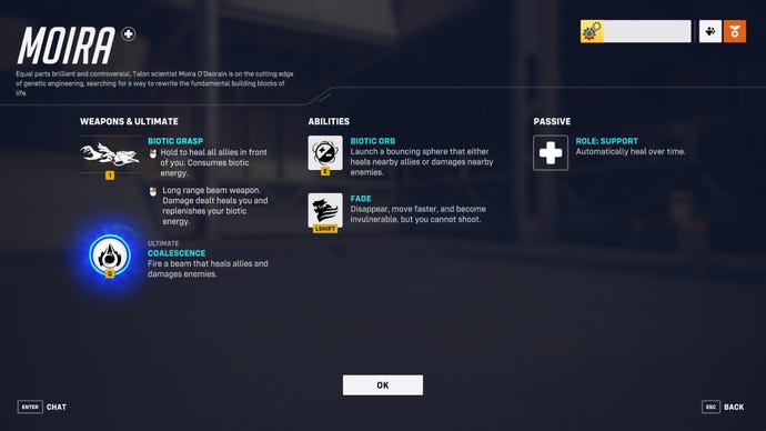 A screen from Overwatch 2 showcasing the abilities of the hero Moira.