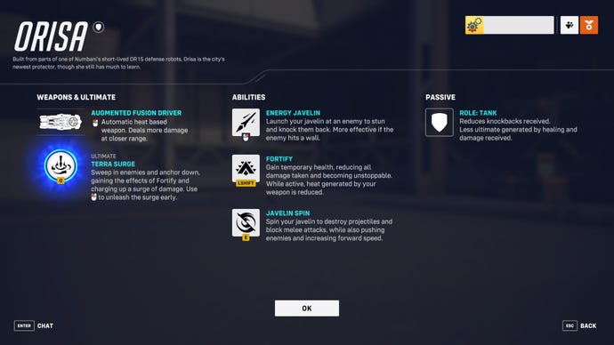 A screen from Overwatch 2 showcasing the abilities of the hero Orisa.