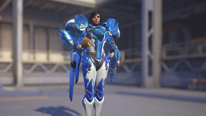 Pharah, a hero in Overwatch 2, poses before the camera in the hero selection screen.