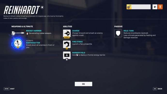 A screen from Overwatch 2 showcasing the abilities of the hero Reinhardt.