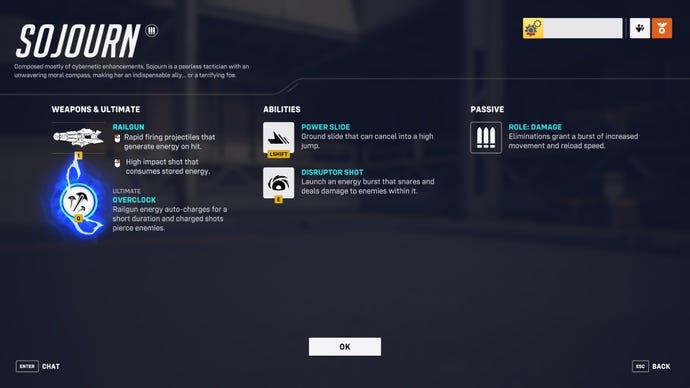 A screen from Overwatch 2 showcasing the abilities of the hero Sojourn.