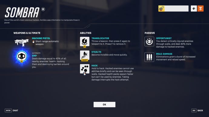 A screen from Overwatch 2 showcasing the abilities of the hero Sombra.