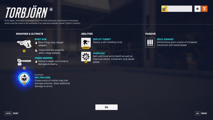A screen from Overwatch 2 showcasing the abilities of the hero Torbjorn.