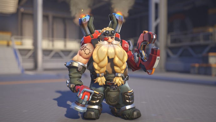 Torbjorn, a hero in Overwatch 2, poses before the camera in the hero selection screen.