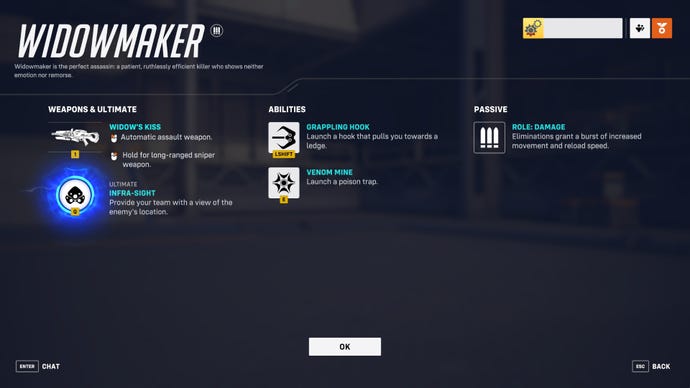 A screen from Overwatch 2 showcasing the abilities of the hero Widowmaker.